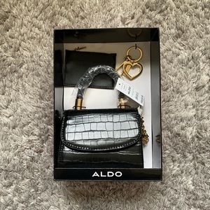 Aldo, Mini-Black, Faux Crocodile Leather, Purse, Wallet and Charm, Gold Hardware